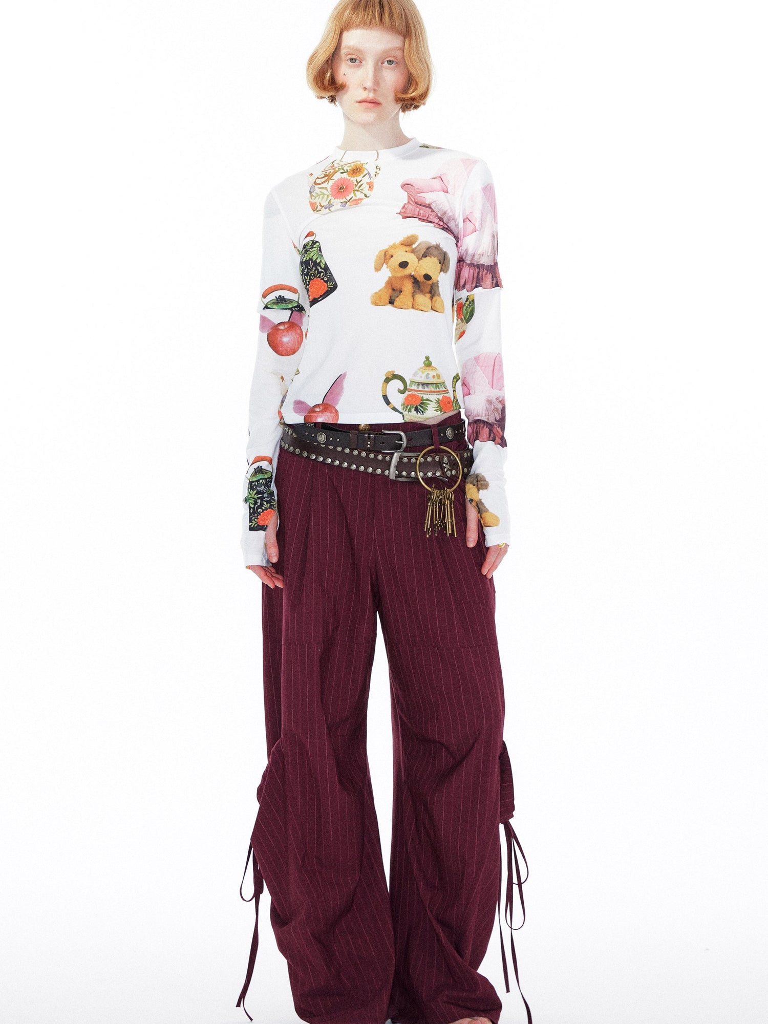 YOSHUYUKI V Neck T Shirt Long Sleeve Top With Playful Teapot Motif