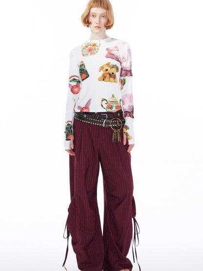 YOSHUYUKI V Neck T Shirt Long Sleeve Top With Playful Teapot Motif