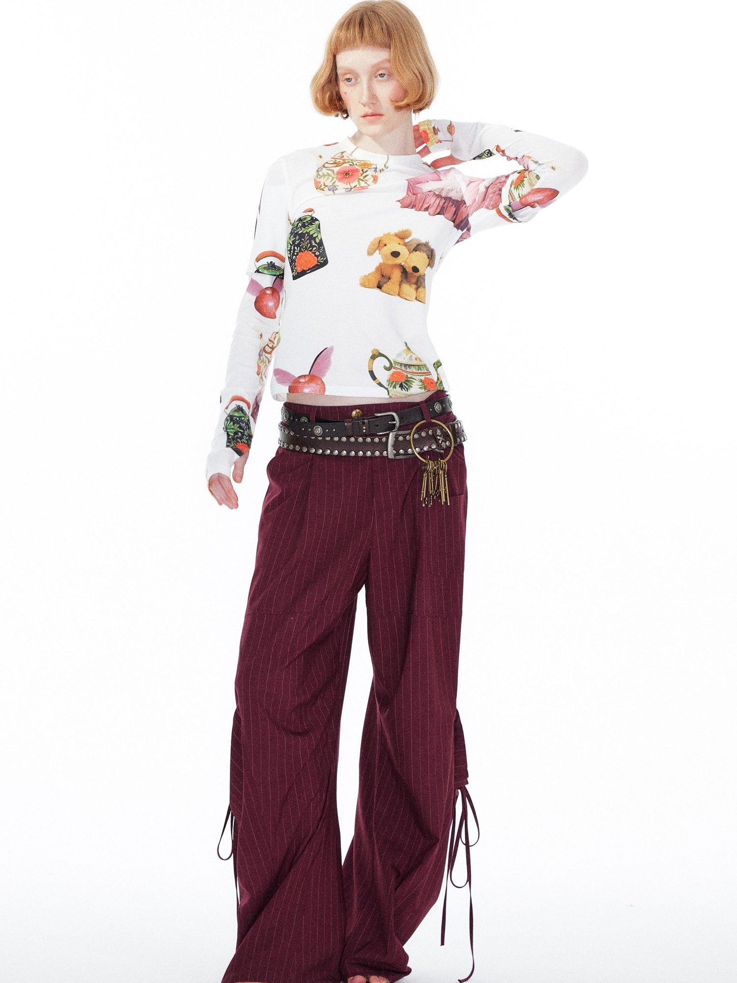 YOSHUYUKI V Neck T Shirt Long Sleeve Top With Playful Teapot Motif