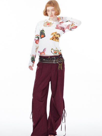 YOSHUYUKI V Neck T Shirt Long Sleeve Top With Playful Teapot Motif