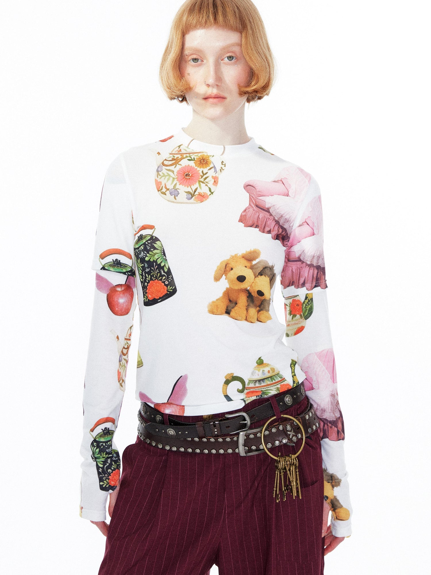 YOSHUYUKI V Neck T Shirt Long Sleeve Top With Playful Teapot Motif