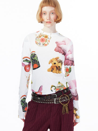 YOSHUYUKI V Neck T Shirt Long Sleeve Top With Playful Teapot Motif
