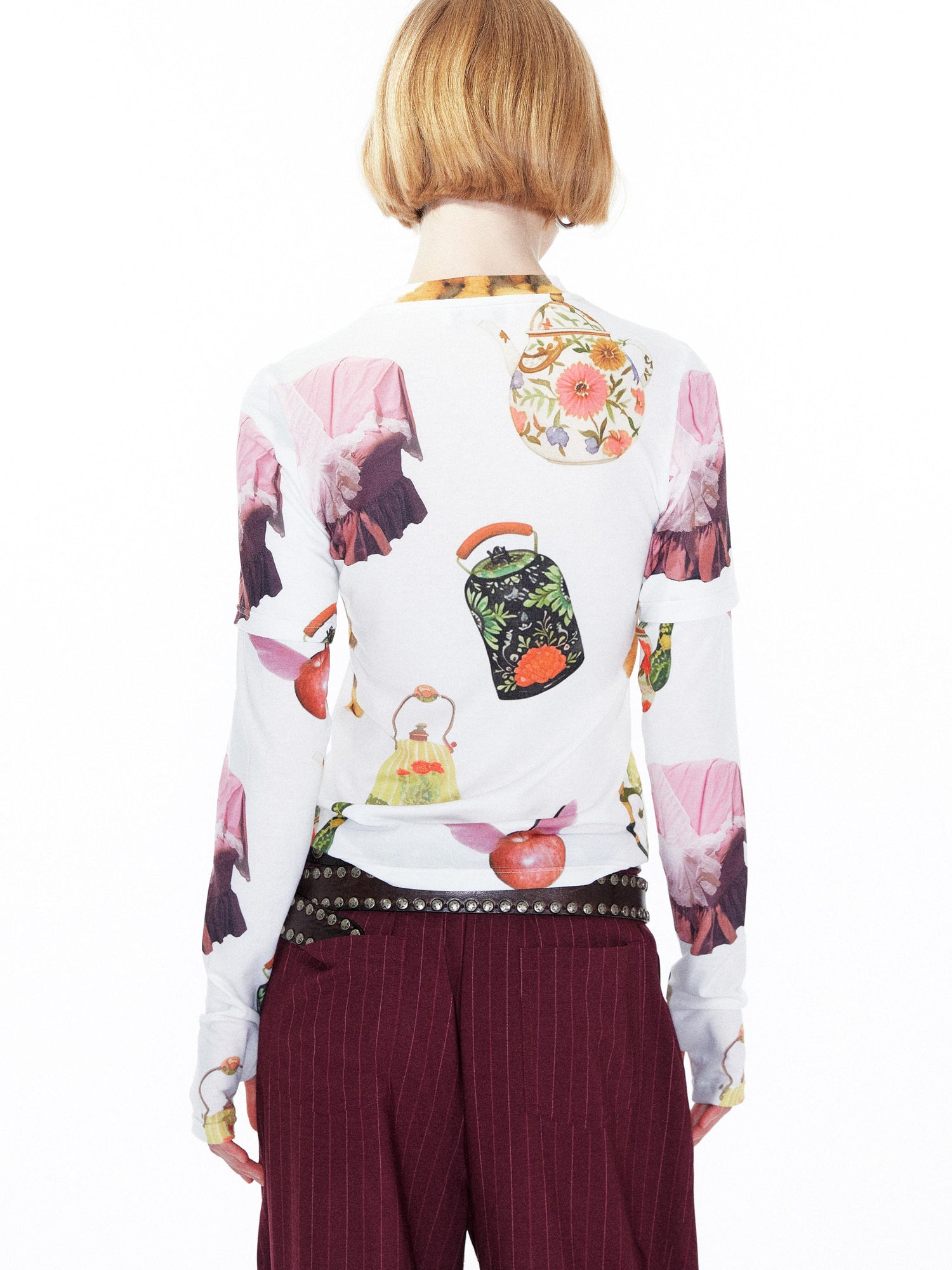 YOSHUYUKI V Neck T Shirt Long Sleeve Top With Playful Teapot Motif