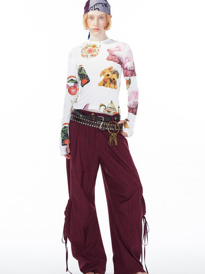 YOSHUYUKI V Neck T Shirt Long Sleeve Top With Playful Teapot Motif
