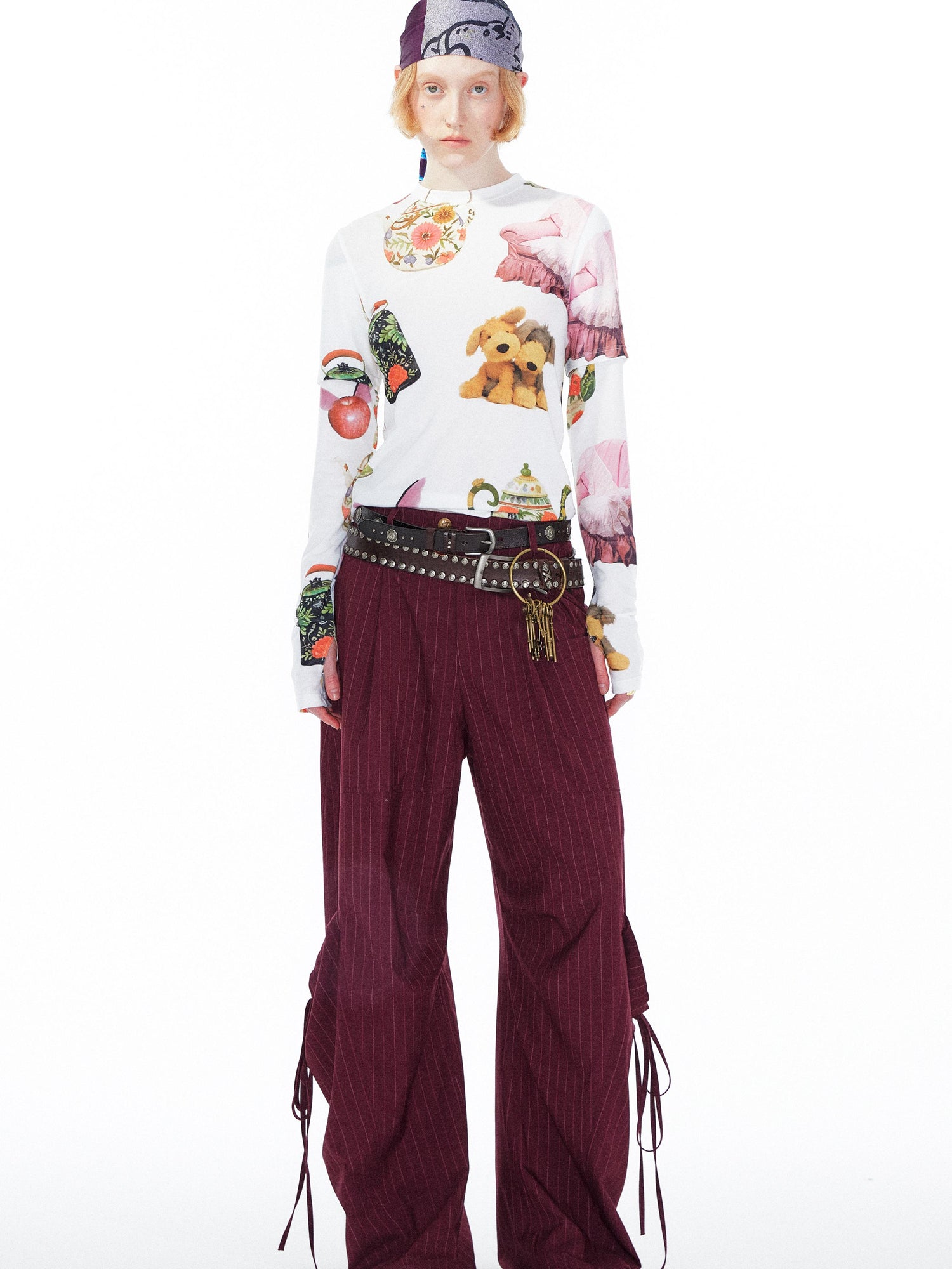 YOSHUYUKI V Neck T Shirt Long Sleeve Top With Playful Teapot Motif