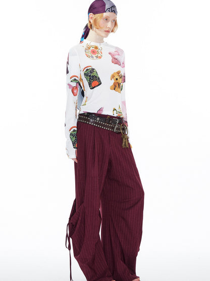 YOSHUYUKI V Neck T Shirt Long Sleeve Top With Playful Teapot Motif