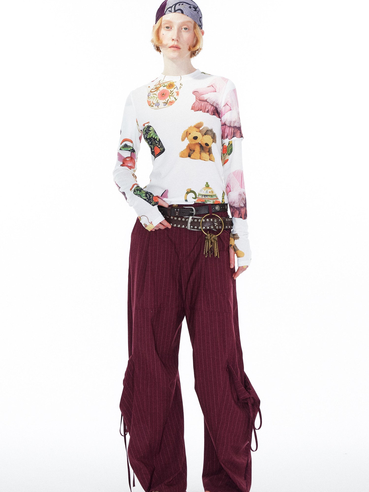 YOSHUYUKI V Neck T Shirt Long Sleeve Top With Playful Teapot Motif