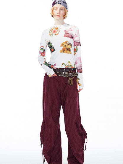 YOSHUYUKI V Neck T Shirt Long Sleeve Top With Playful Teapot Motif