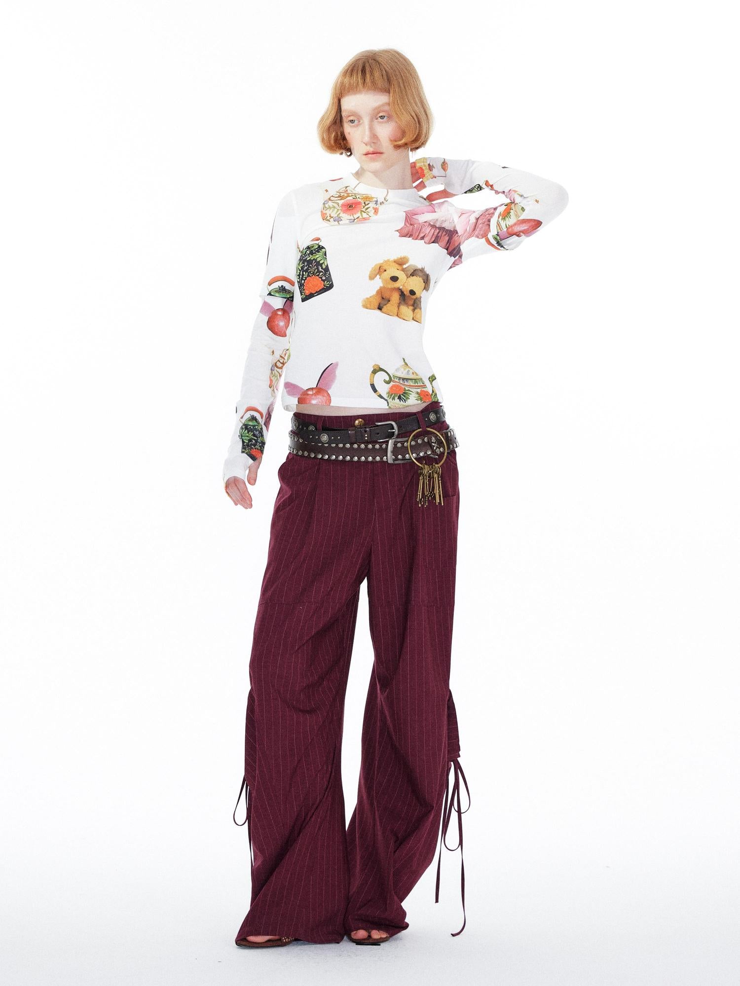 YOSHUYUKI V Neck T Shirt Long Sleeve Top With Playful Teapot Motif