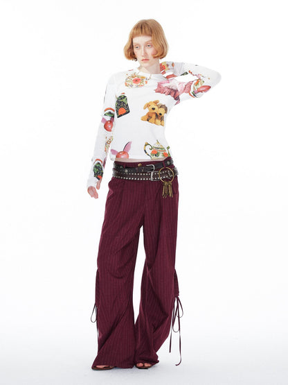 YOSHUYUKI V Neck T Shirt Long Sleeve Top With Playful Teapot Motif