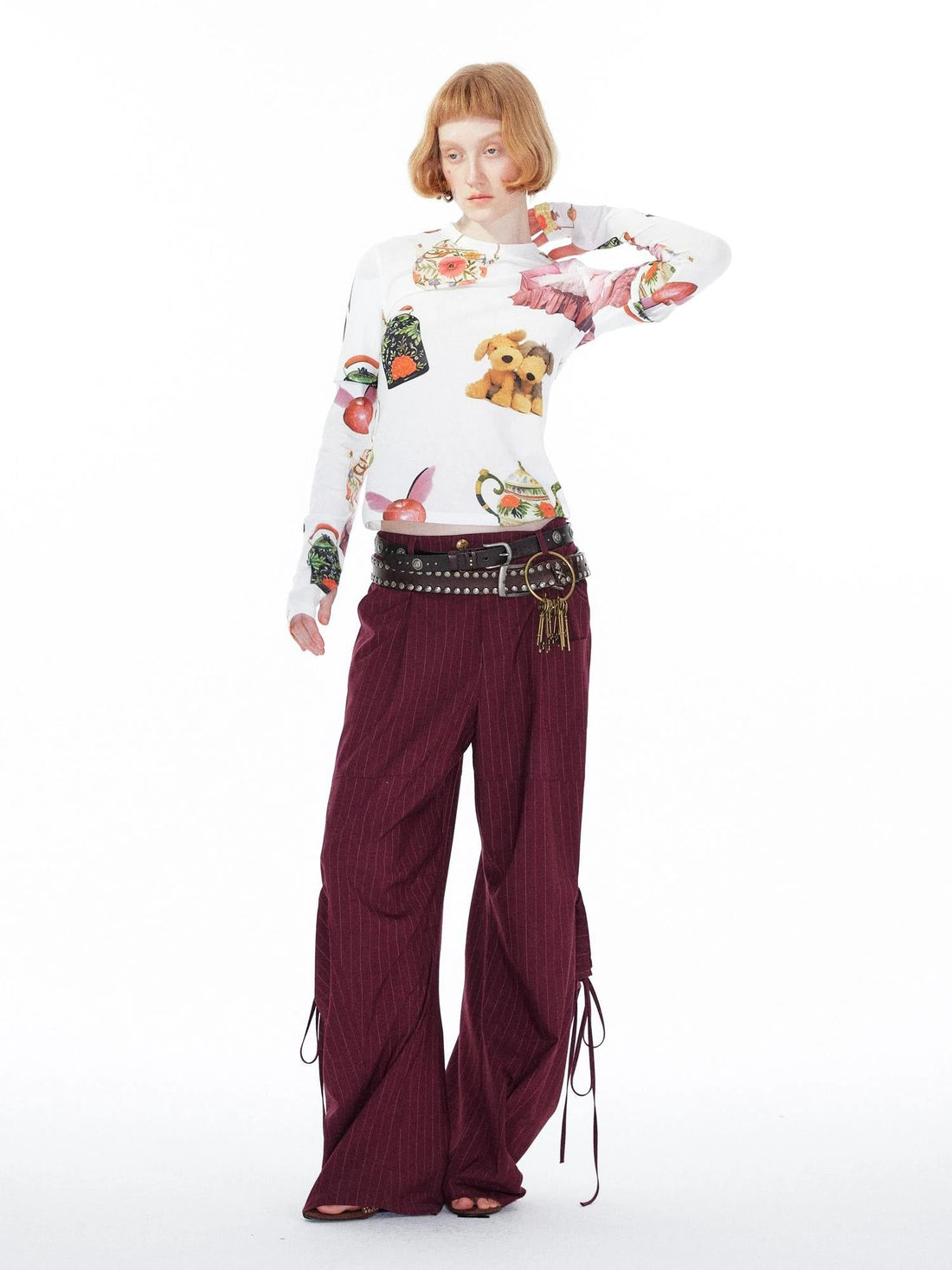 V Neck T Shirt Long Sleeve Top With Playful Teapot Motif
