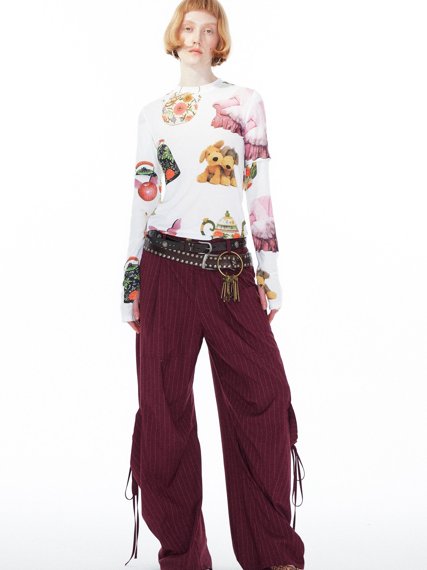 YOSHUYUKI V Neck T Shirt Long Sleeve Top With Playful Teapot Motif