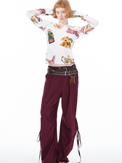 YOSHUYUKI V Neck T Shirt Long Sleeve Top With Playful Teapot Motif