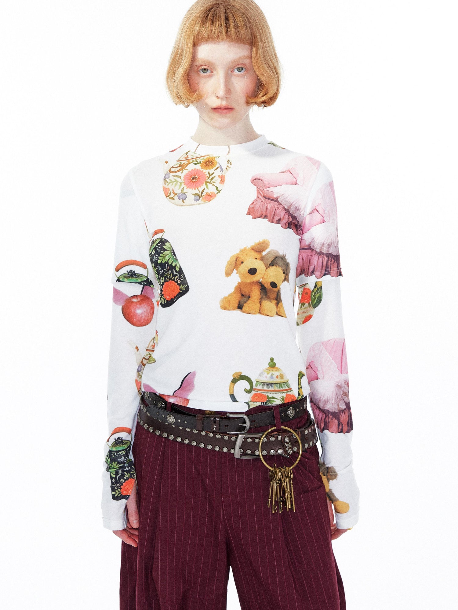YOSHUYUKI V Neck T Shirt Long Sleeve Top With Playful Teapot Motif