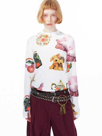 YOSHUYUKI V Neck T Shirt Long Sleeve Top With Playful Teapot Motif
