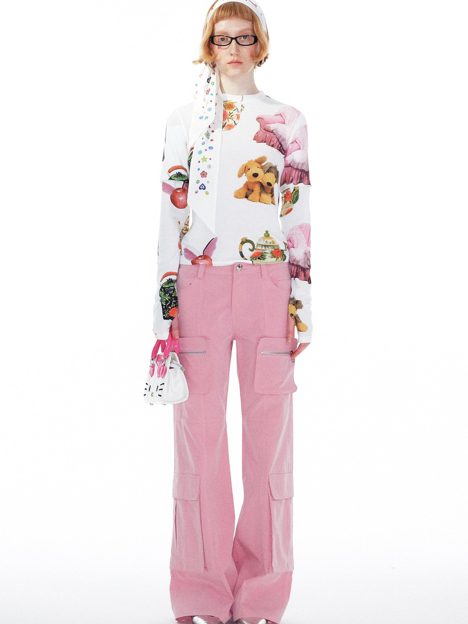 YOSHUYUKI V Neck T Shirt Long Sleeve Top With Playful Teapot Motif