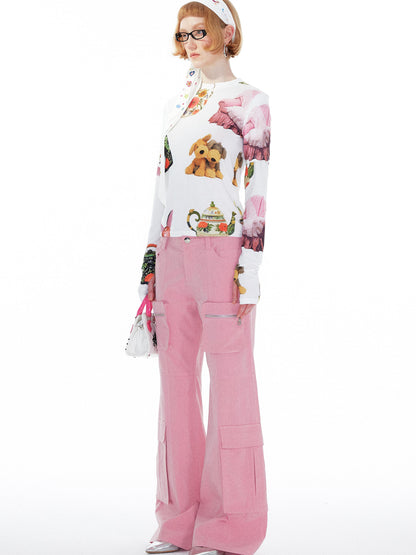 YOSHUYUKI V Neck T Shirt Long Sleeve Top With Playful Teapot Motif