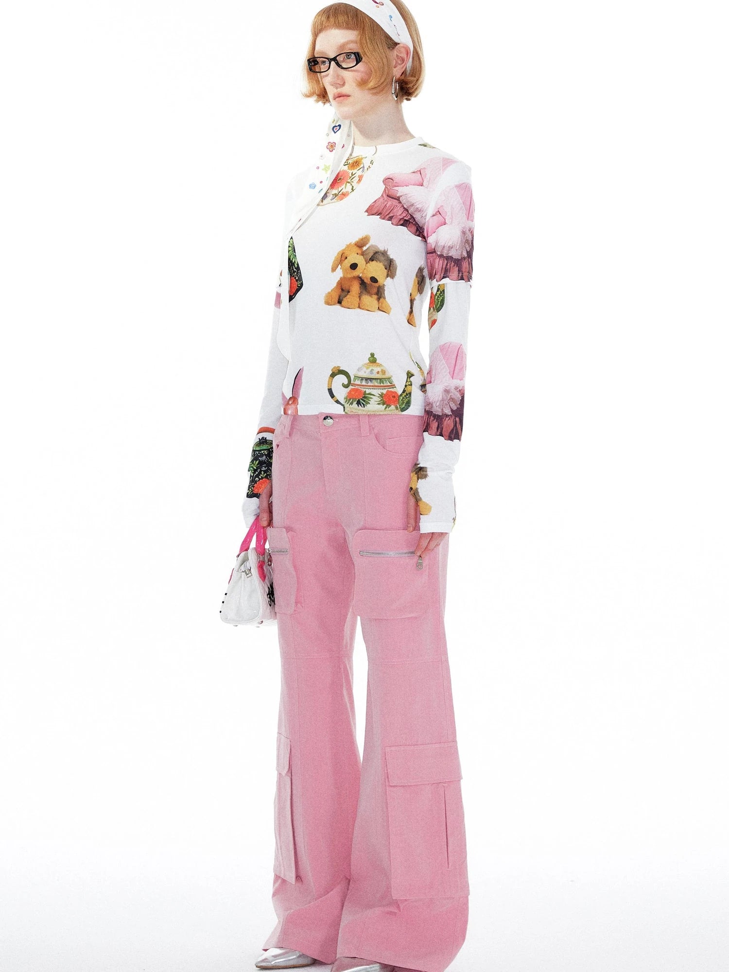 V Neck T Shirt Long Sleeve Top With Playful Teapot Motif