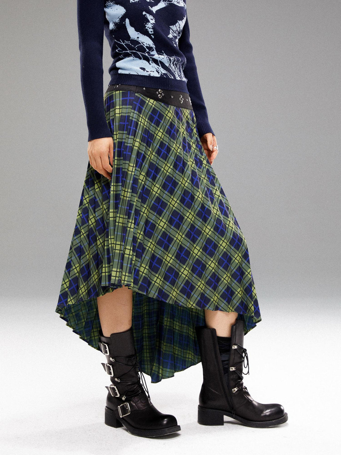 YOSHUYUKI Vintage Blue Green Tartan Skirt with Studded Waist Asymmetrical Hem