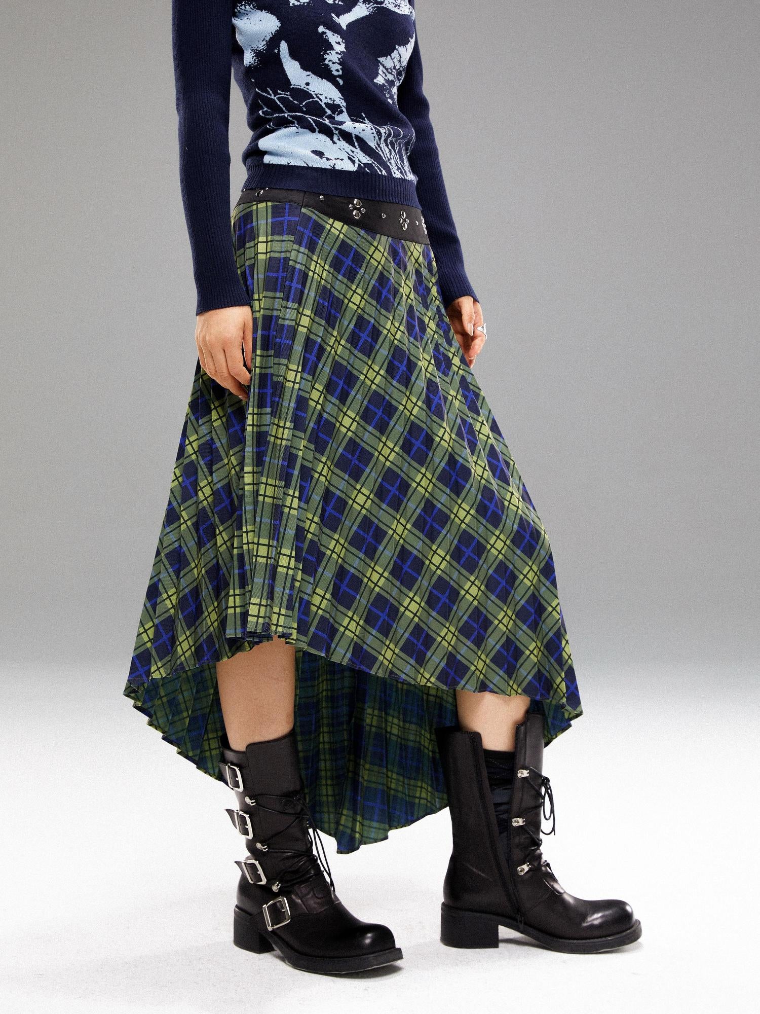 YOSHUYUKI Vintage Blue Green Tartan Skirt with Studded Waist Asymmetrical Hem