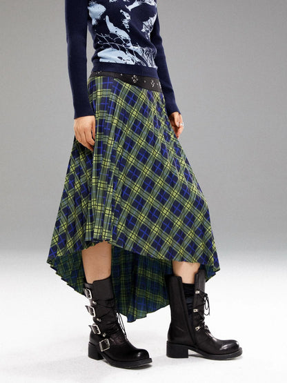 Vintage Blue Green Tartan Skirt with Studded Waist Asymmetrical Hem