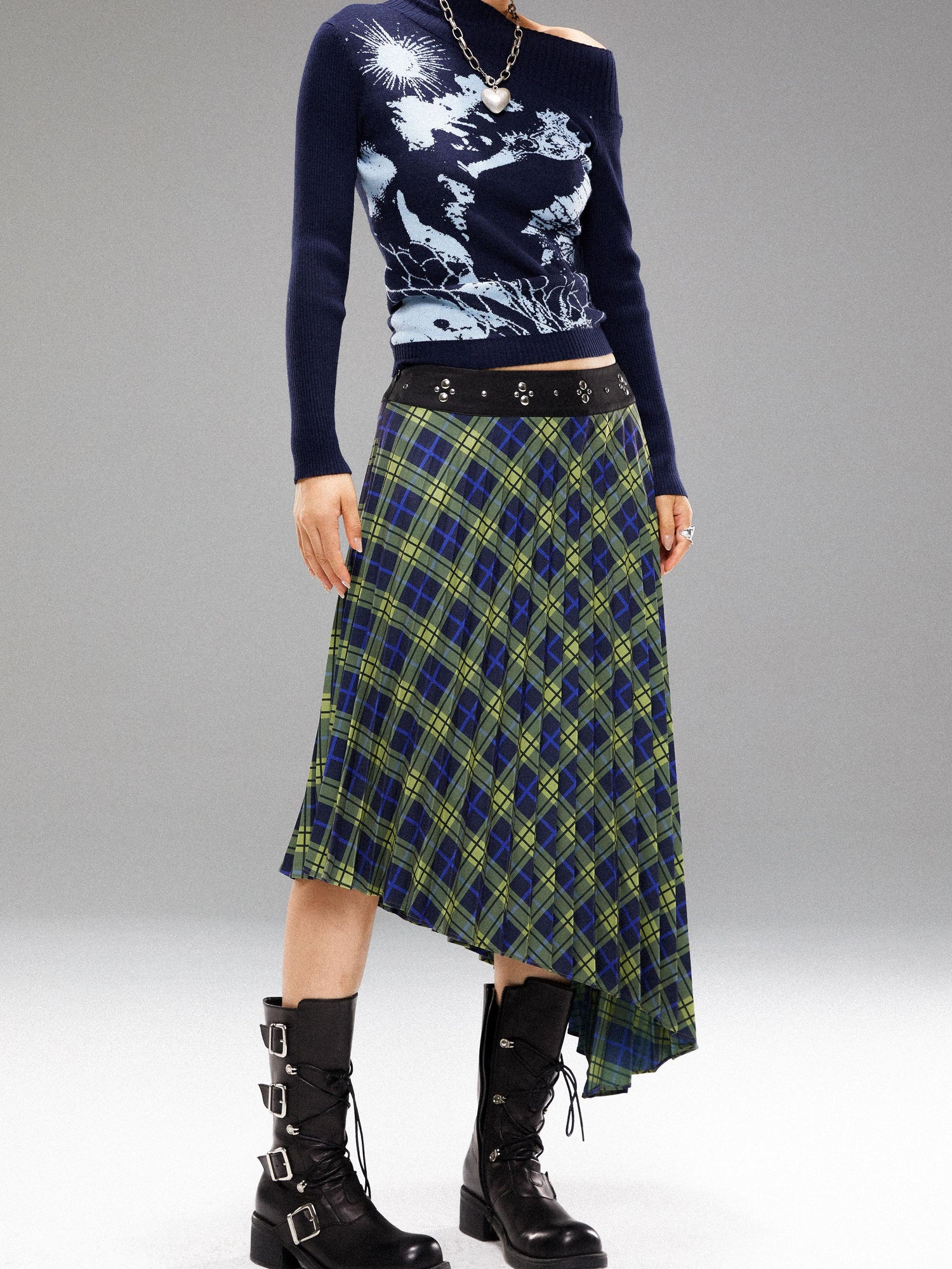 YOSHUYUKI Vintage Blue Green Tartan Skirt with Studded Waist Asymmetrical Hem