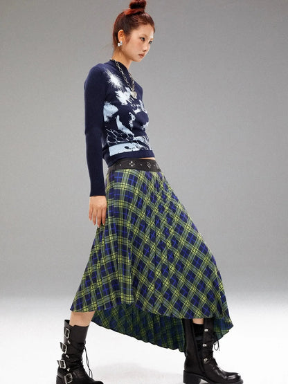 Vintage Blue Green Tartan Skirt with Studded Waist Asymmetrical Hem