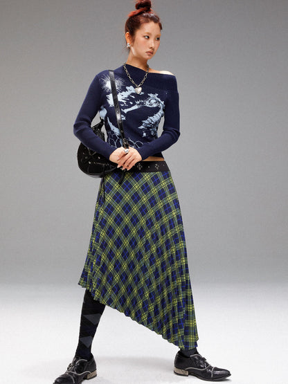 YOSHUYUKI Vintage Blue Green Tartan Skirt with Studded Waist Asymmetrical Hem