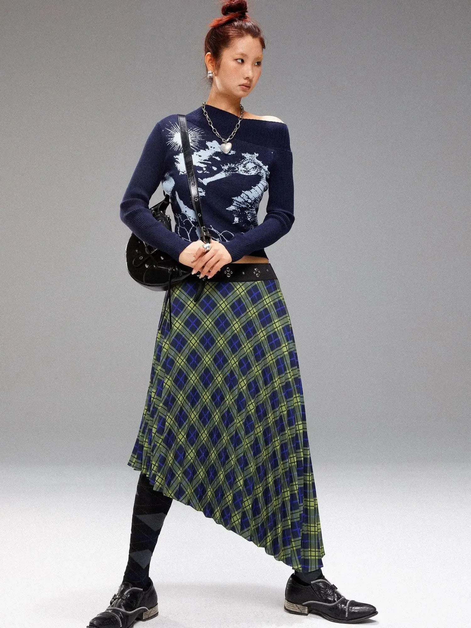 Vintage Blue Green Tartan Skirt with Studded Waist Asymmetrical Hem
