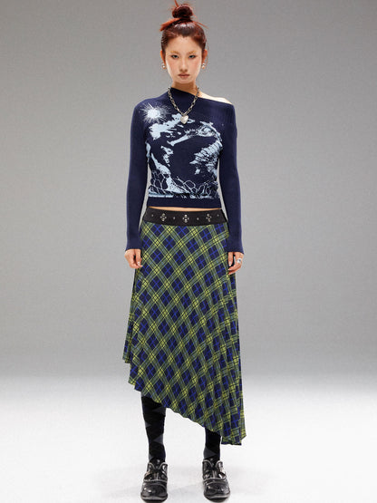 YOSHUYUKI Vintage Blue Green Tartan Skirt with Studded Waist Asymmetrical Hem