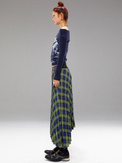 YOSHUYUKI Vintage Blue Green Tartan Skirt with Studded Waist Asymmetrical Hem
