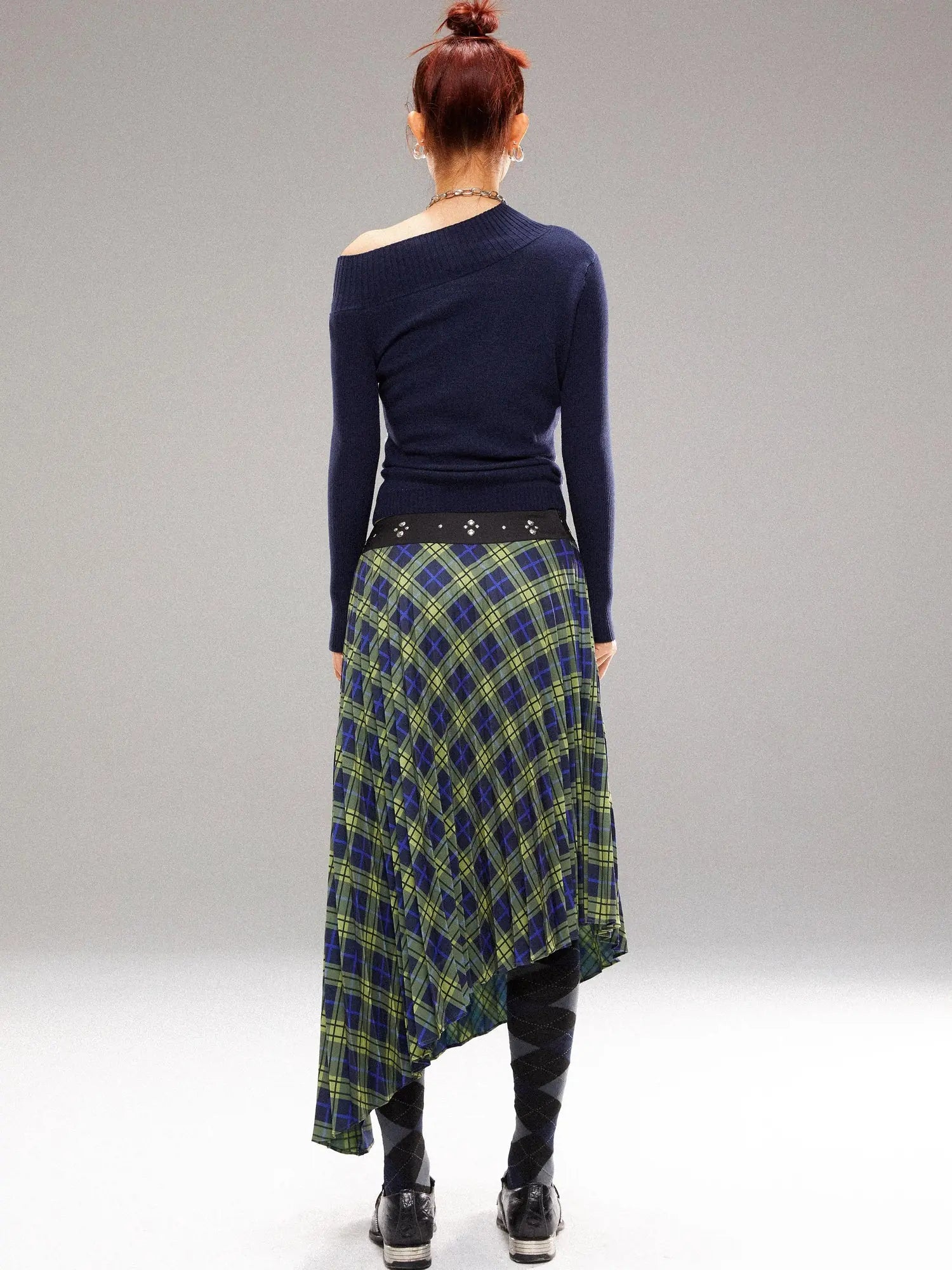 Vintage Blue Green Tartan Skirt with Studded Waist Asymmetrical Hem