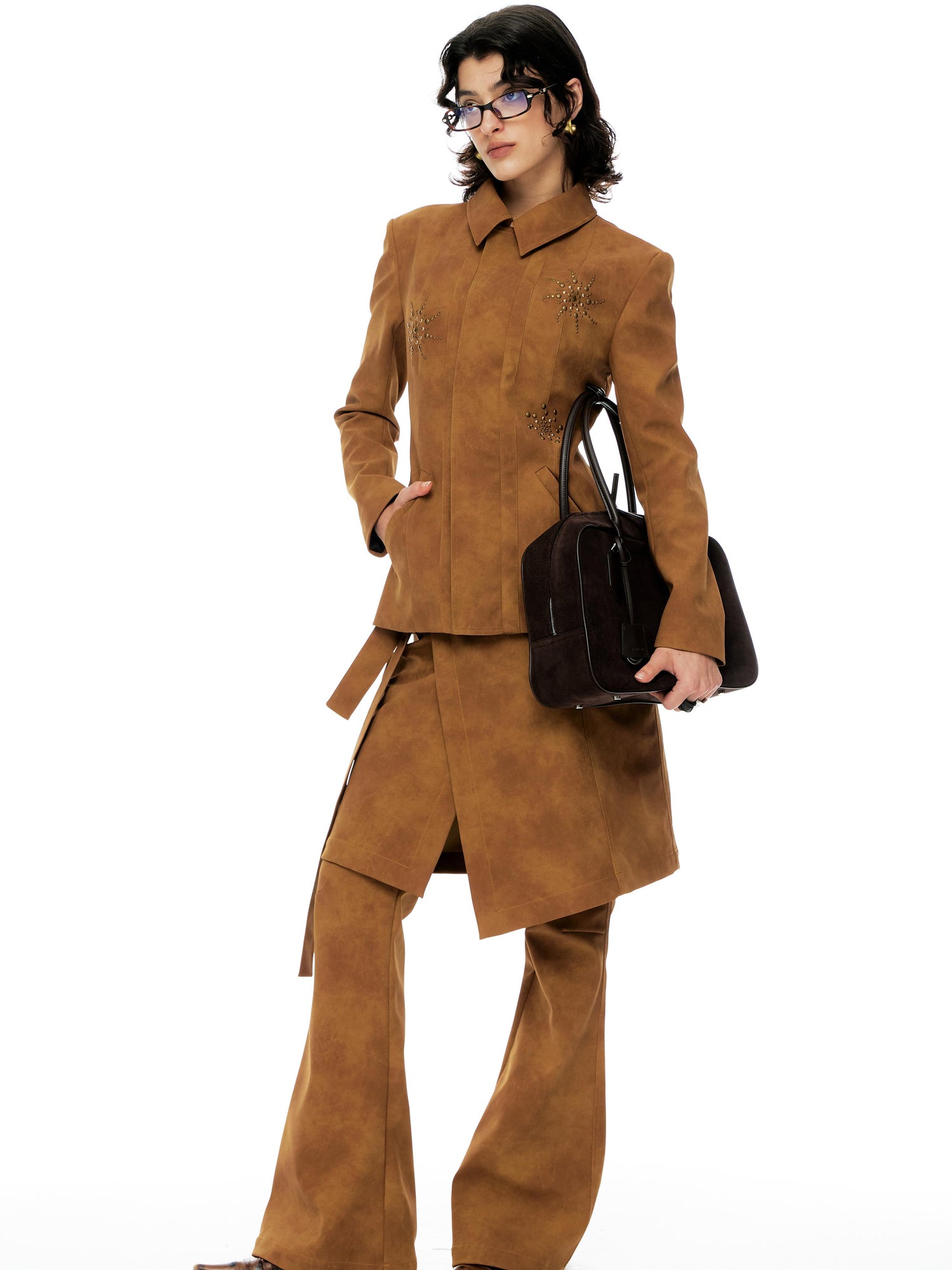 YOSHUYUKI Vintage Bronze Diamond Embellished Suede Cropped Jacket