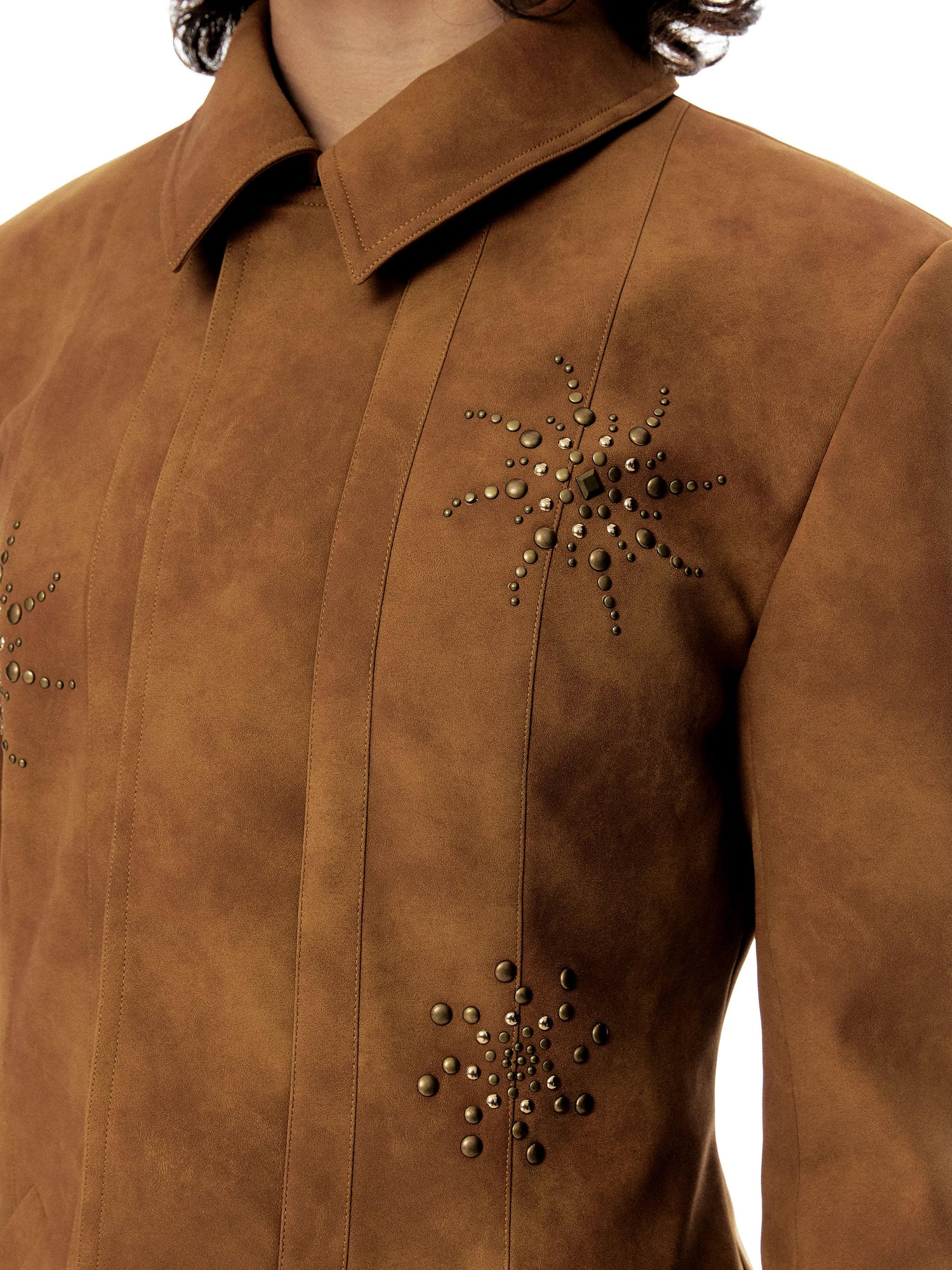 YOSHUYUKI Vintage Bronze Diamond Embellished Suede Cropped Jacket