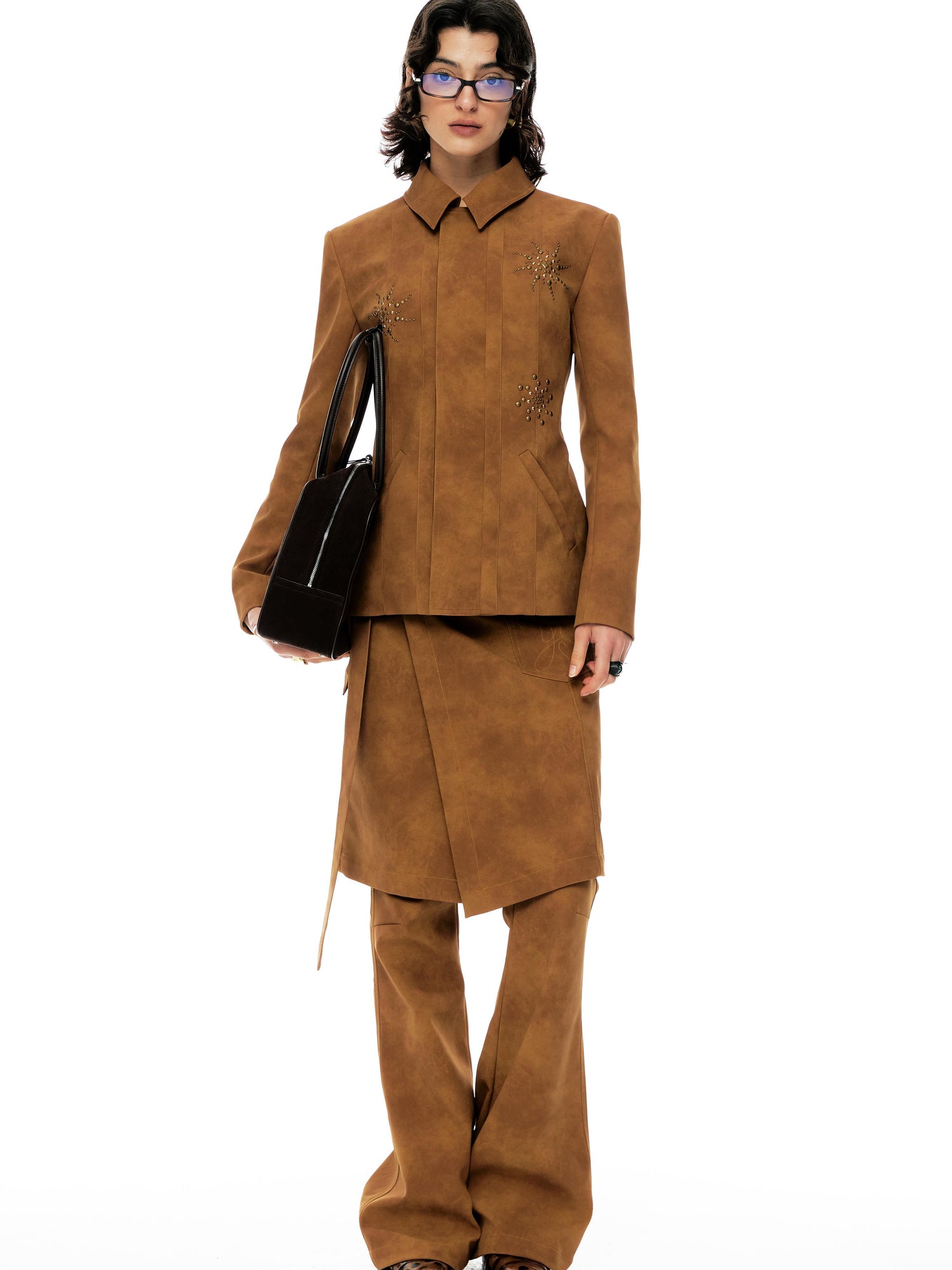 YOSHUYUKI Vintage Bronze Diamond Embellished Suede Cropped Jacket