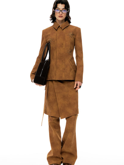 YOSHUYUKI Vintage Bronze Diamond Embellished Suede Cropped Jacket