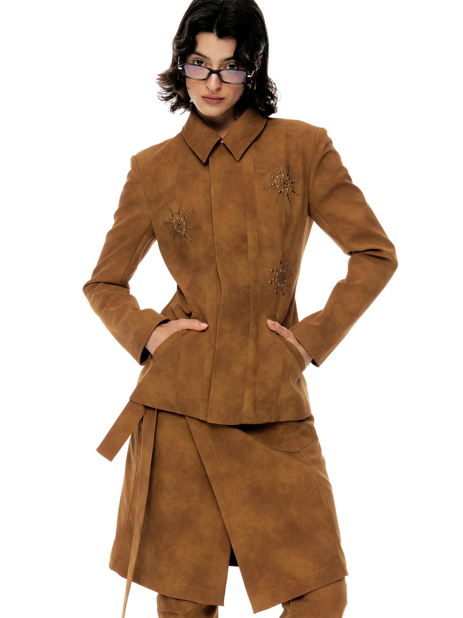 YOSHUYUKI Vintage Bronze Diamond Embellished Suede Cropped Jacket