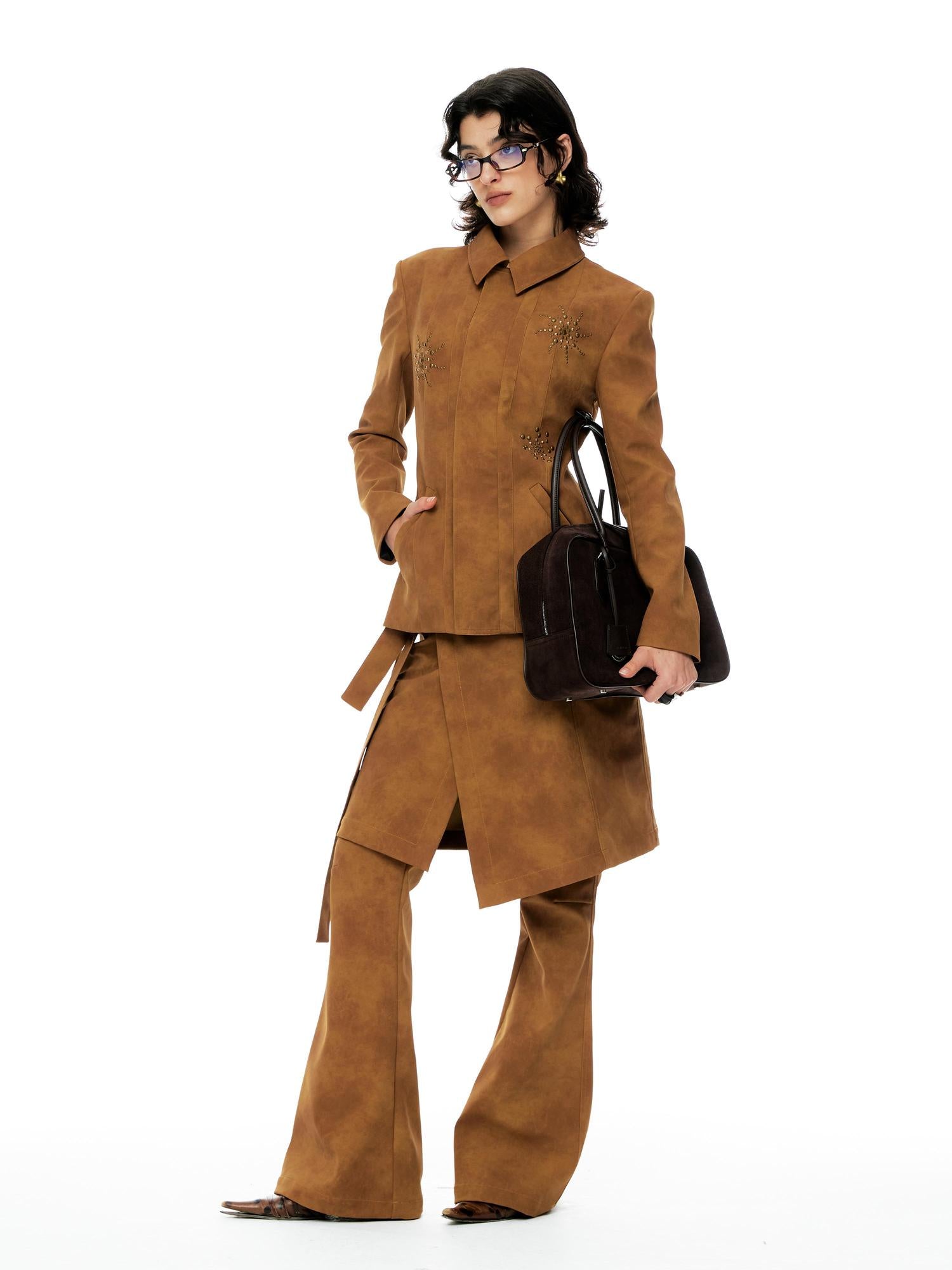 YOSHUYUKI Vintage Bronze Diamond Embellished Suede Cropped Jacket