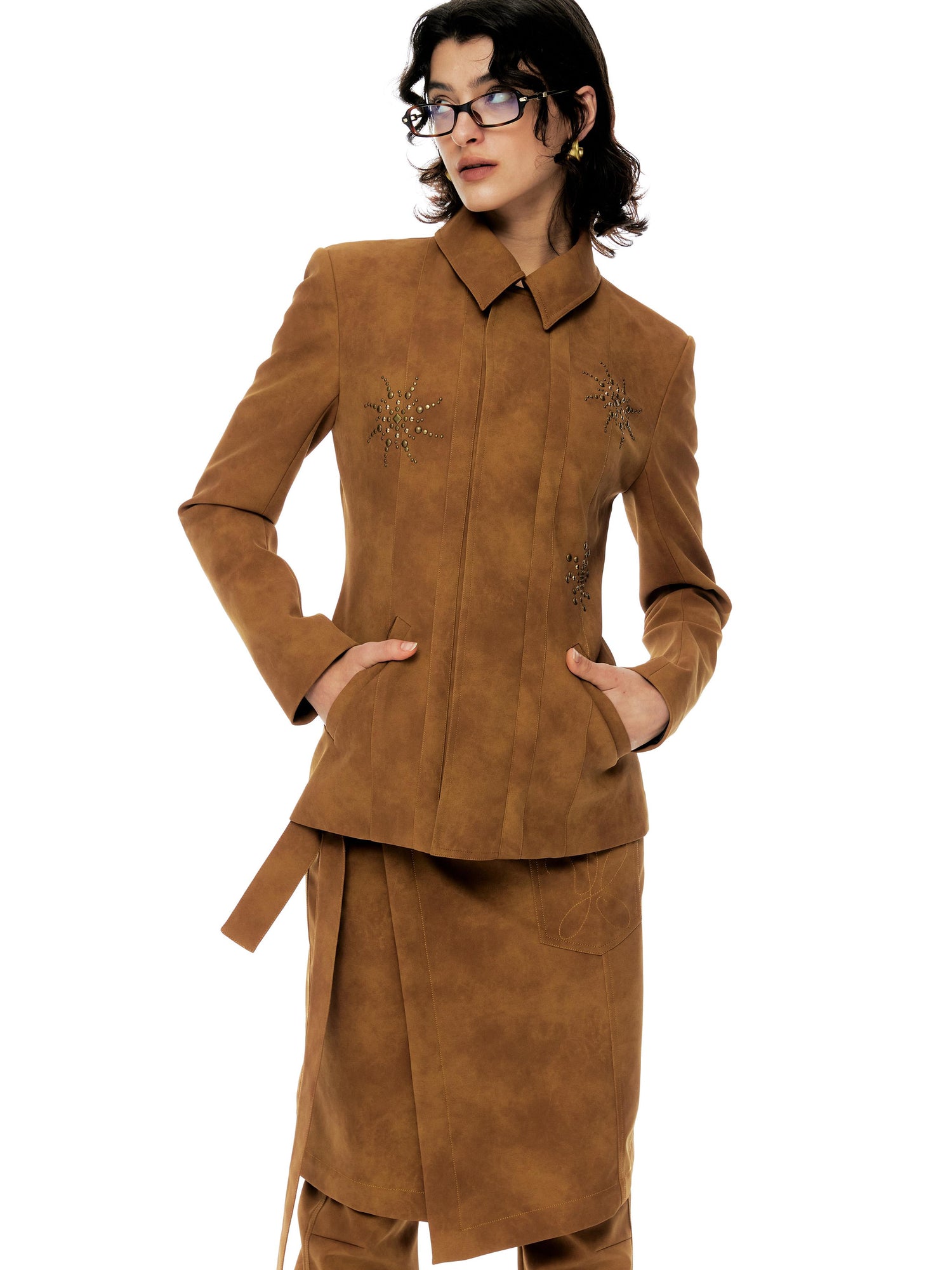 YOSHUYUKI Vintage Bronze Diamond Embellished Suede Cropped Jacket