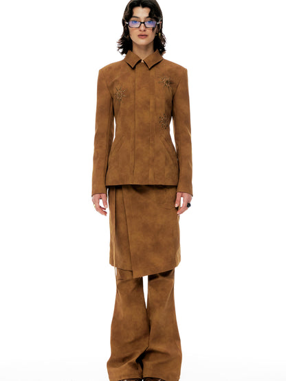 YOSHUYUKI Vintage Bronze Diamond Embellished Suede Cropped Jacket