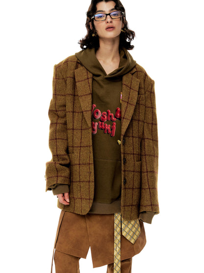 YOSHUYUKI Vintage Brown Check Wool Suit Jacket