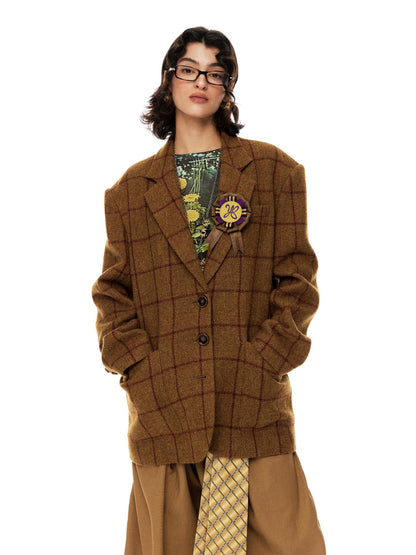 YOSHUYUKI Vintage Brown Check Wool Suit Jacket