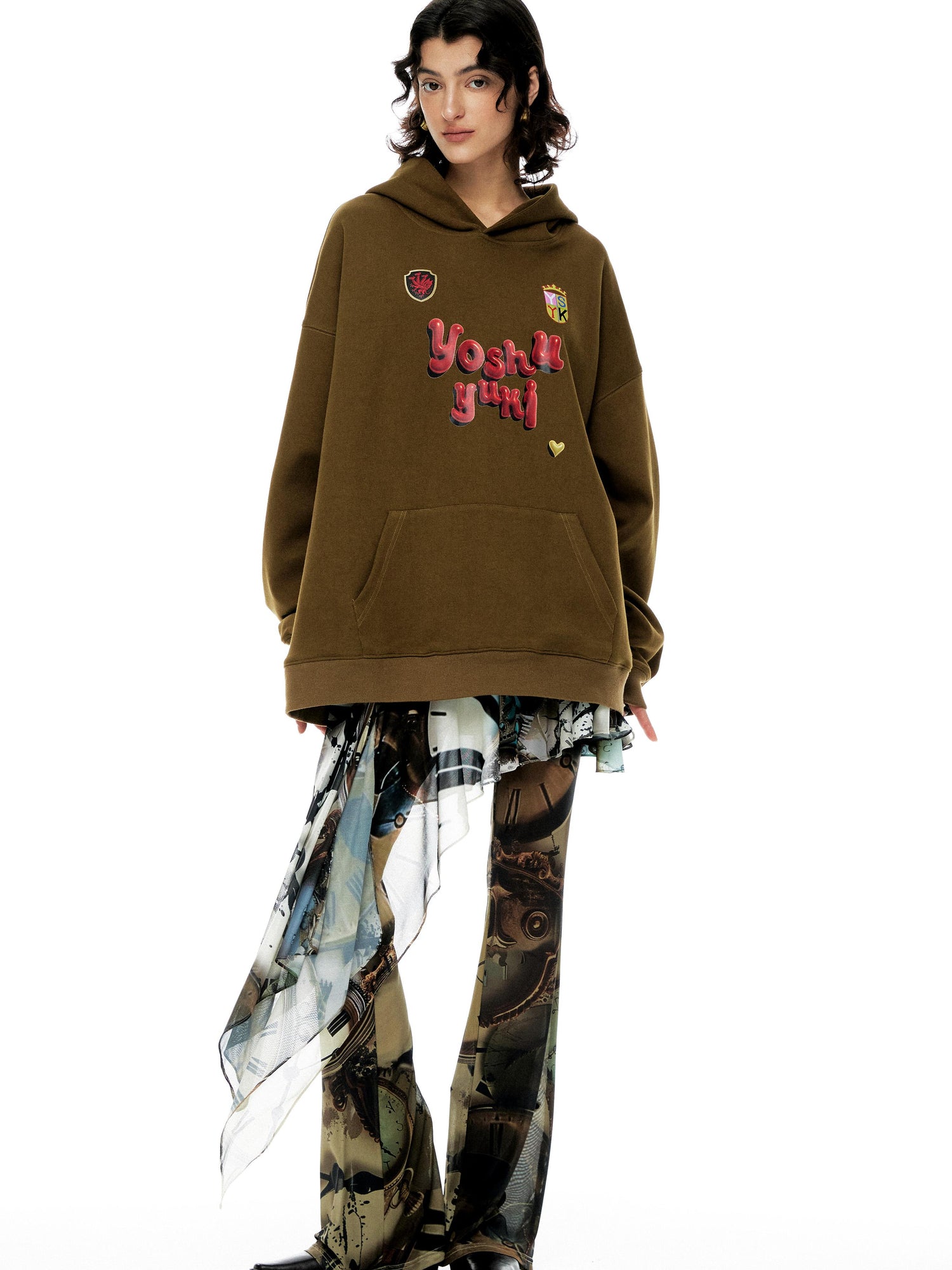 Vintage Clock Print Flared Mesh Stretch Pants