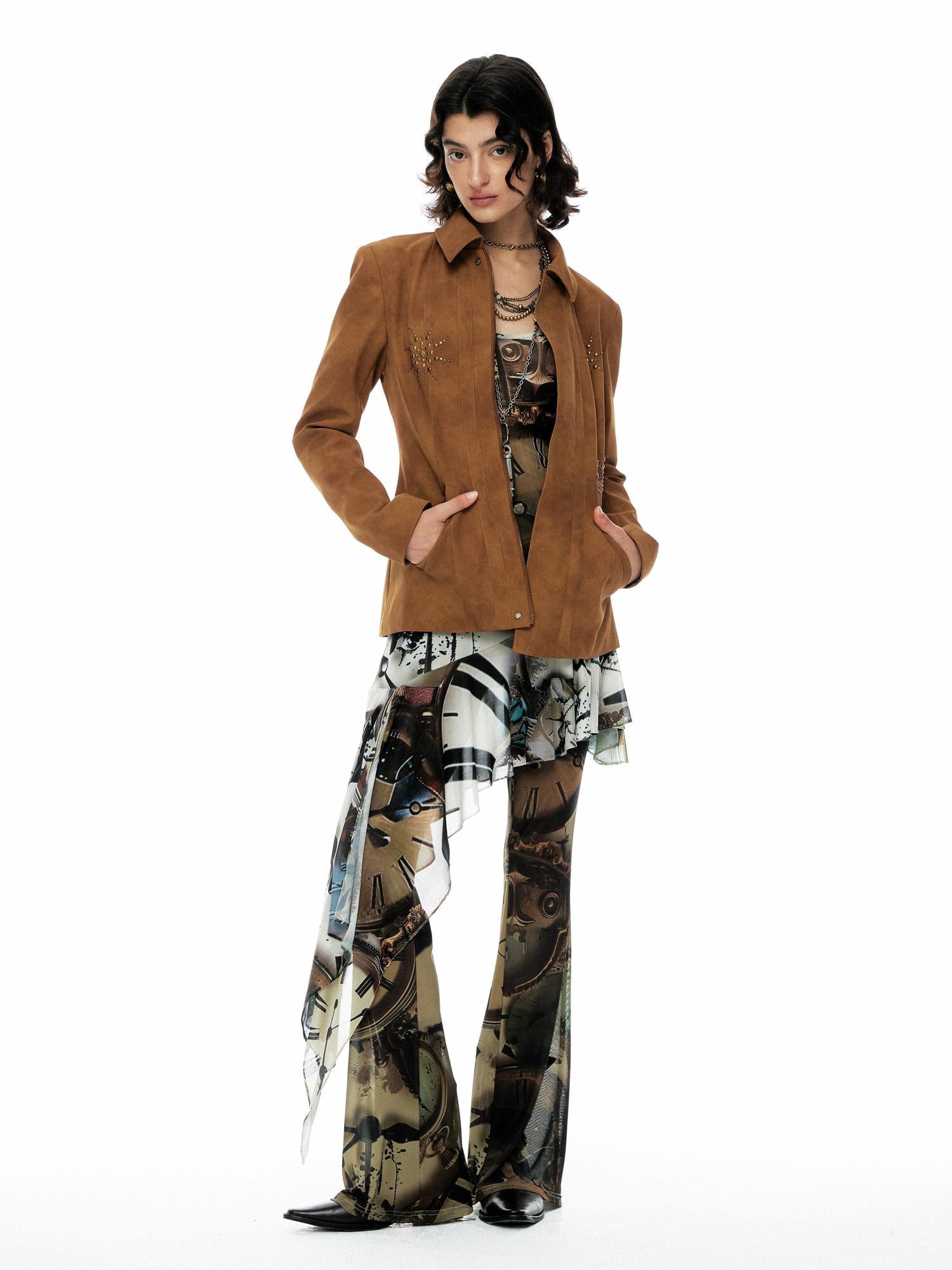 Vintage Clock Print Flared Mesh Stretch Pants