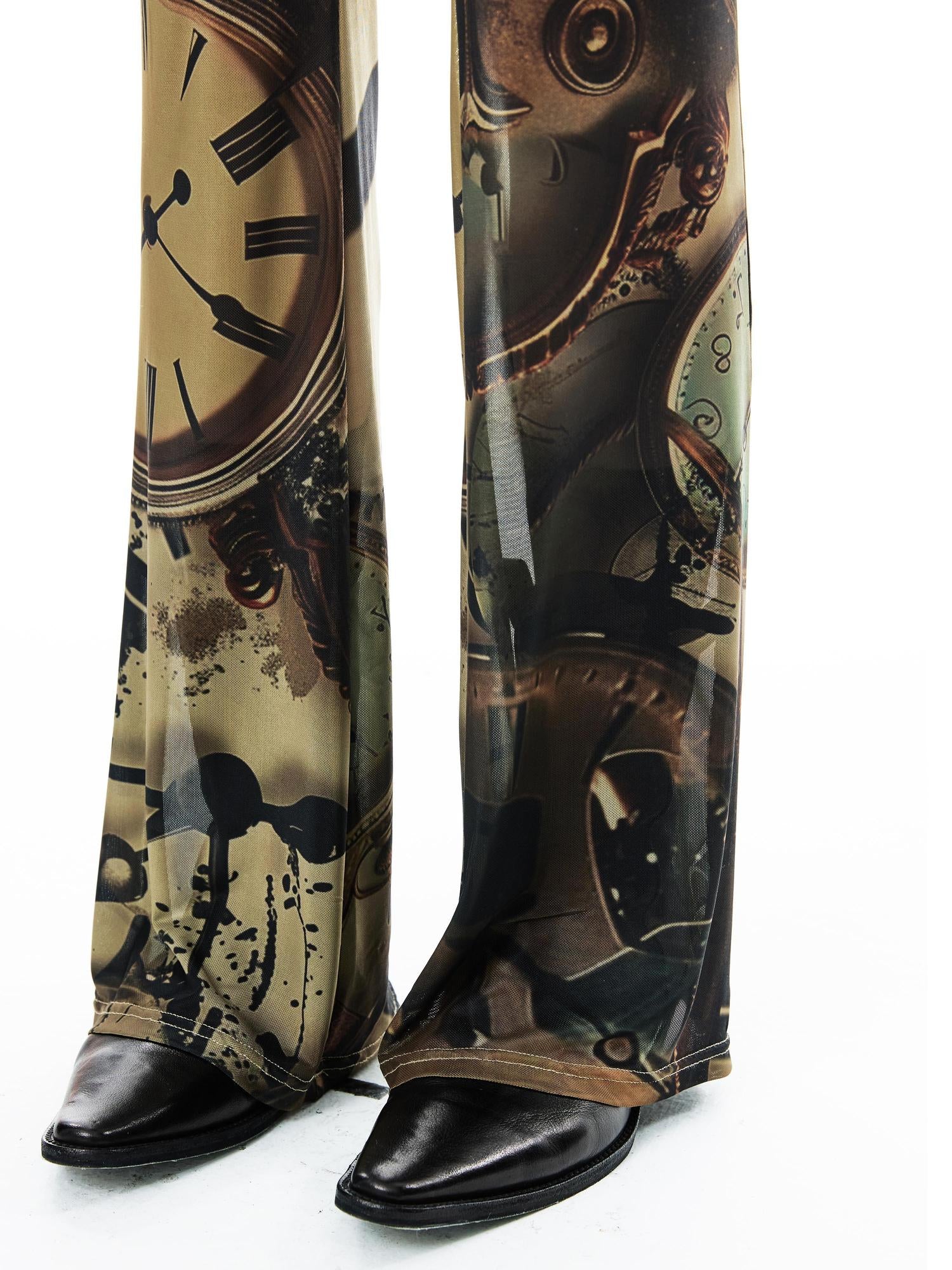 Vintage Clock Print Flared Mesh Stretch Pants