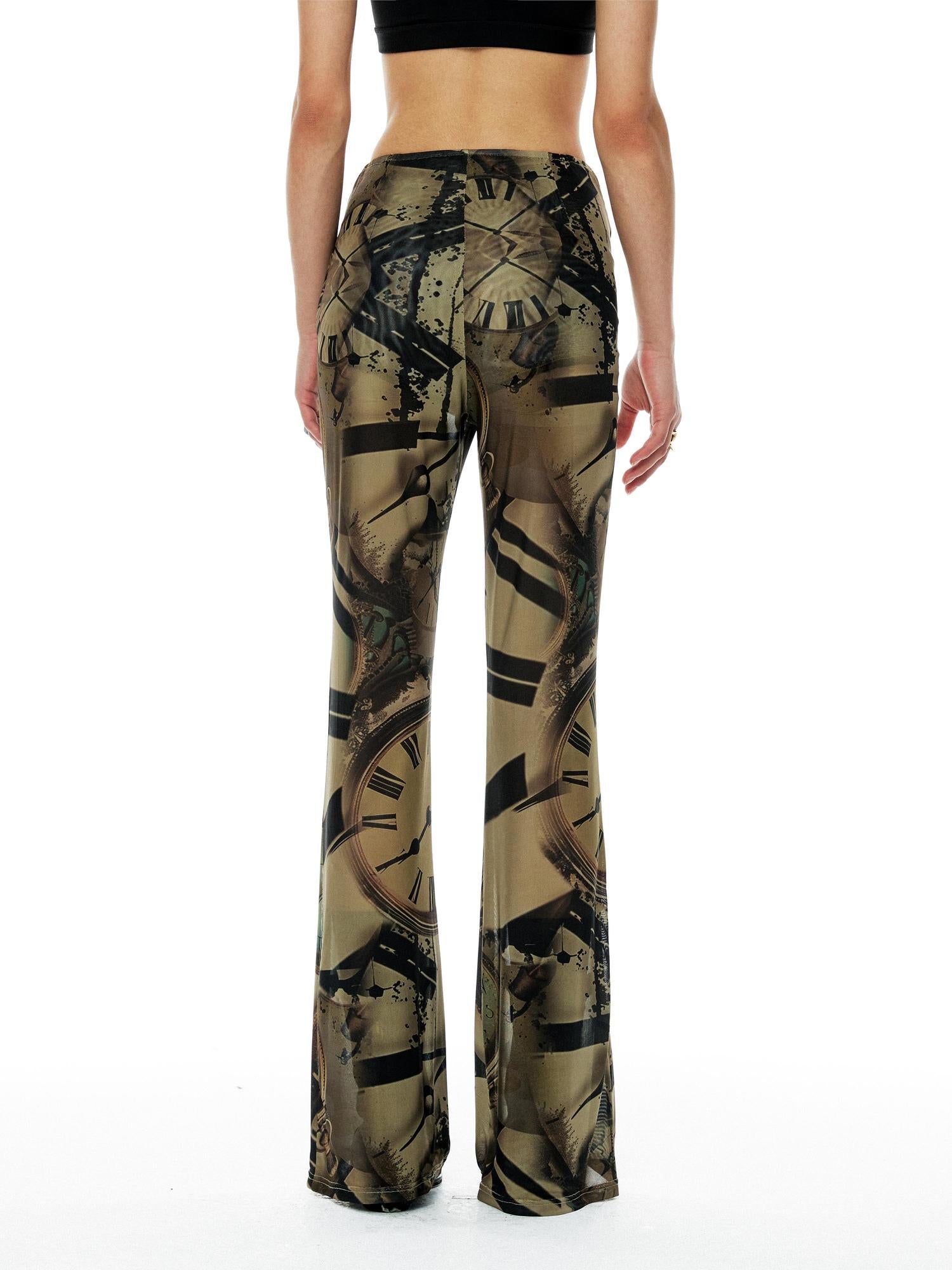 Vintage Clock Print Flared Mesh Stretch Pants