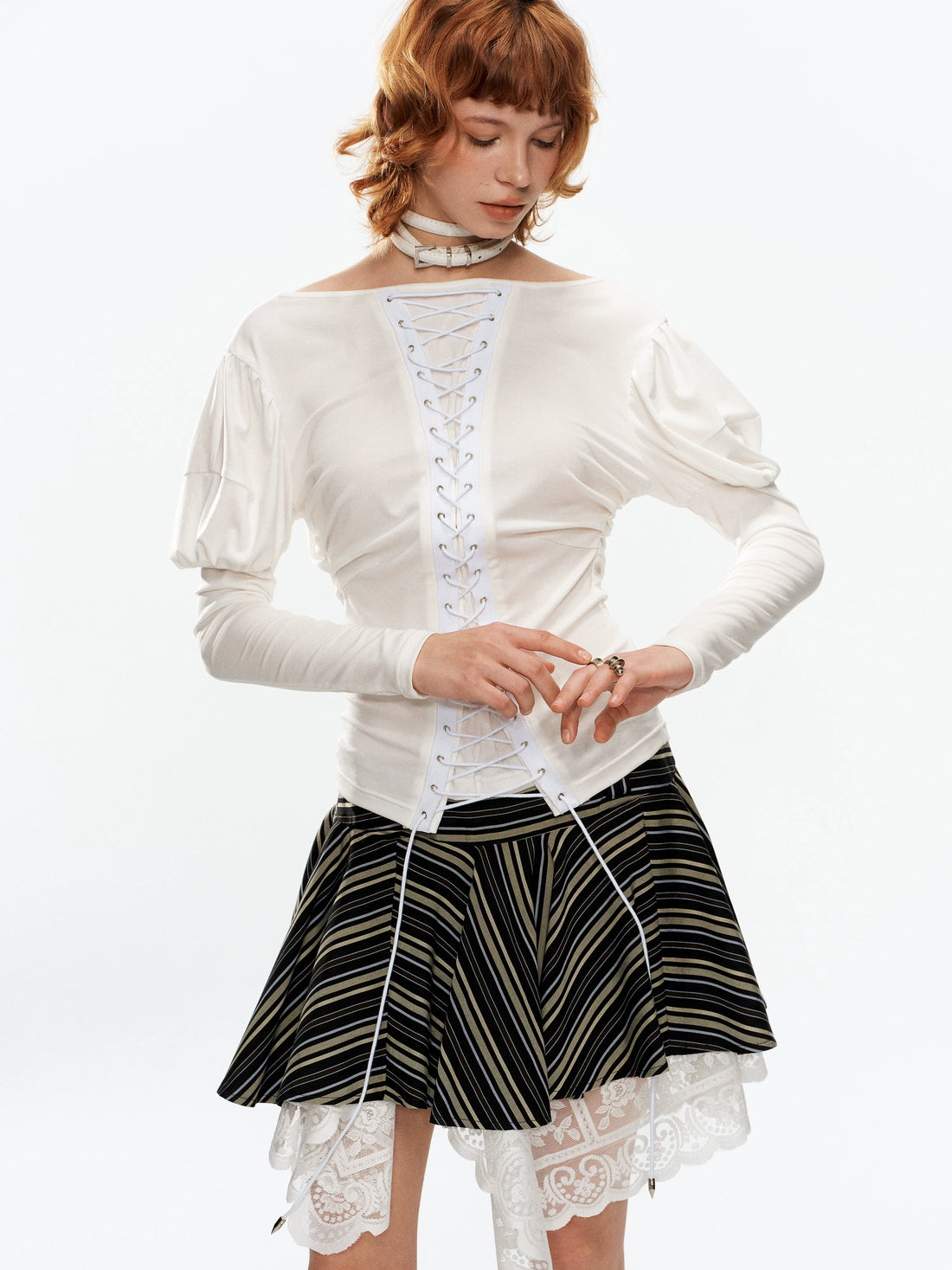 YOSHUYUKI Vintage Court Lace Up Bardot Women&