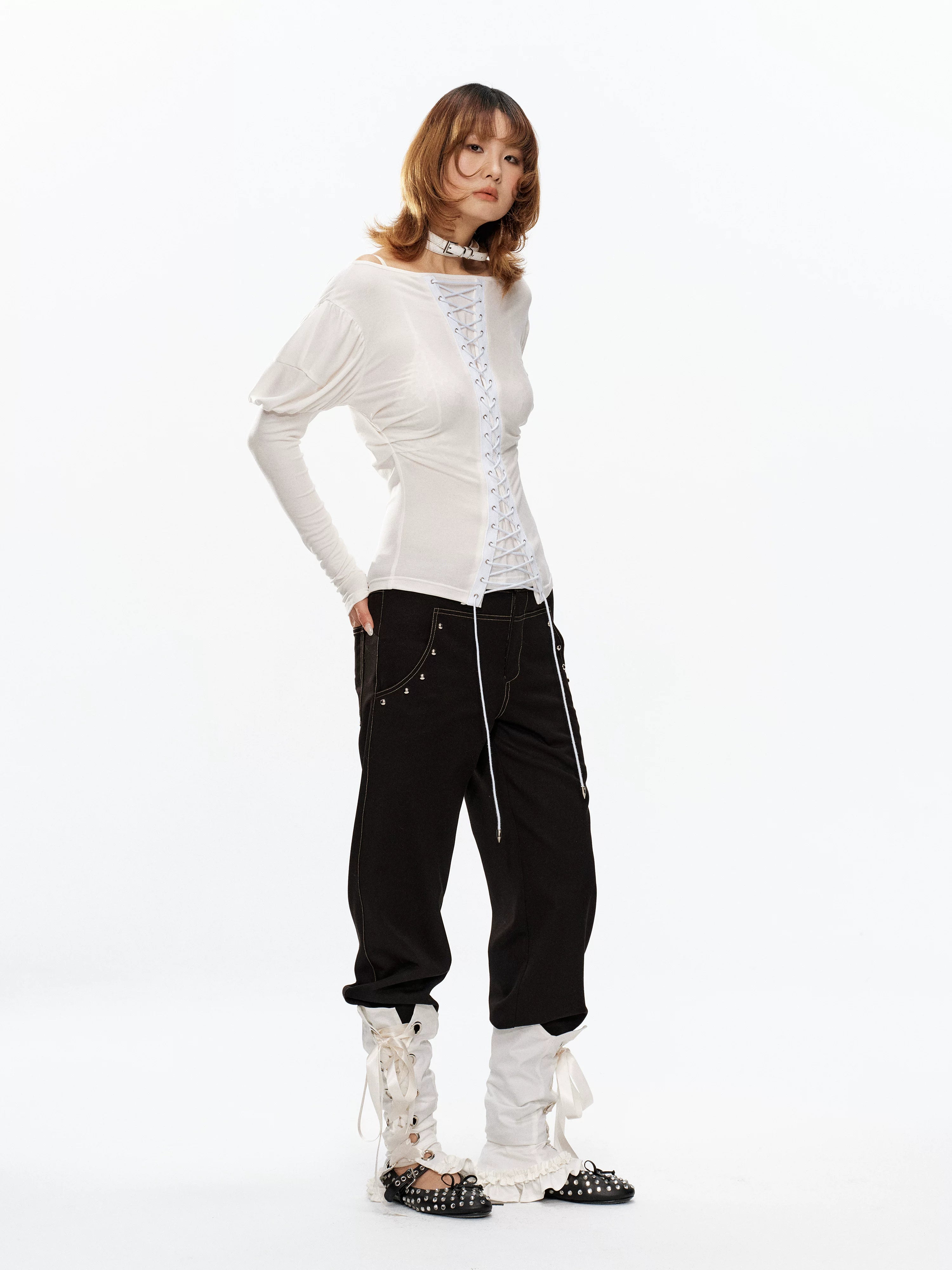 YOSHUYUKI Vintage Court Lace Up Bardot Women&