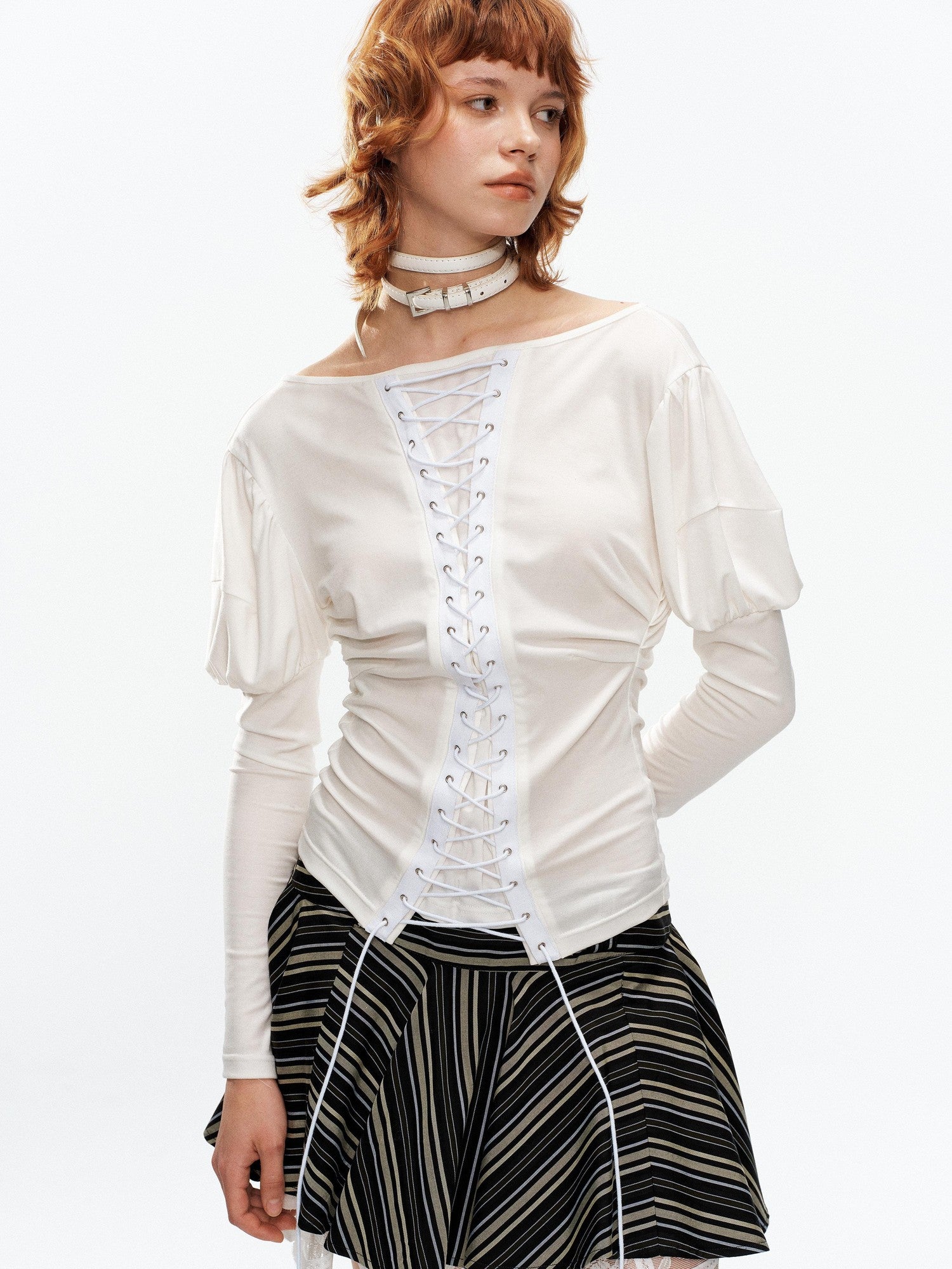 YOSHUYUKI Vintage Court Lace Up Bardot Women&
