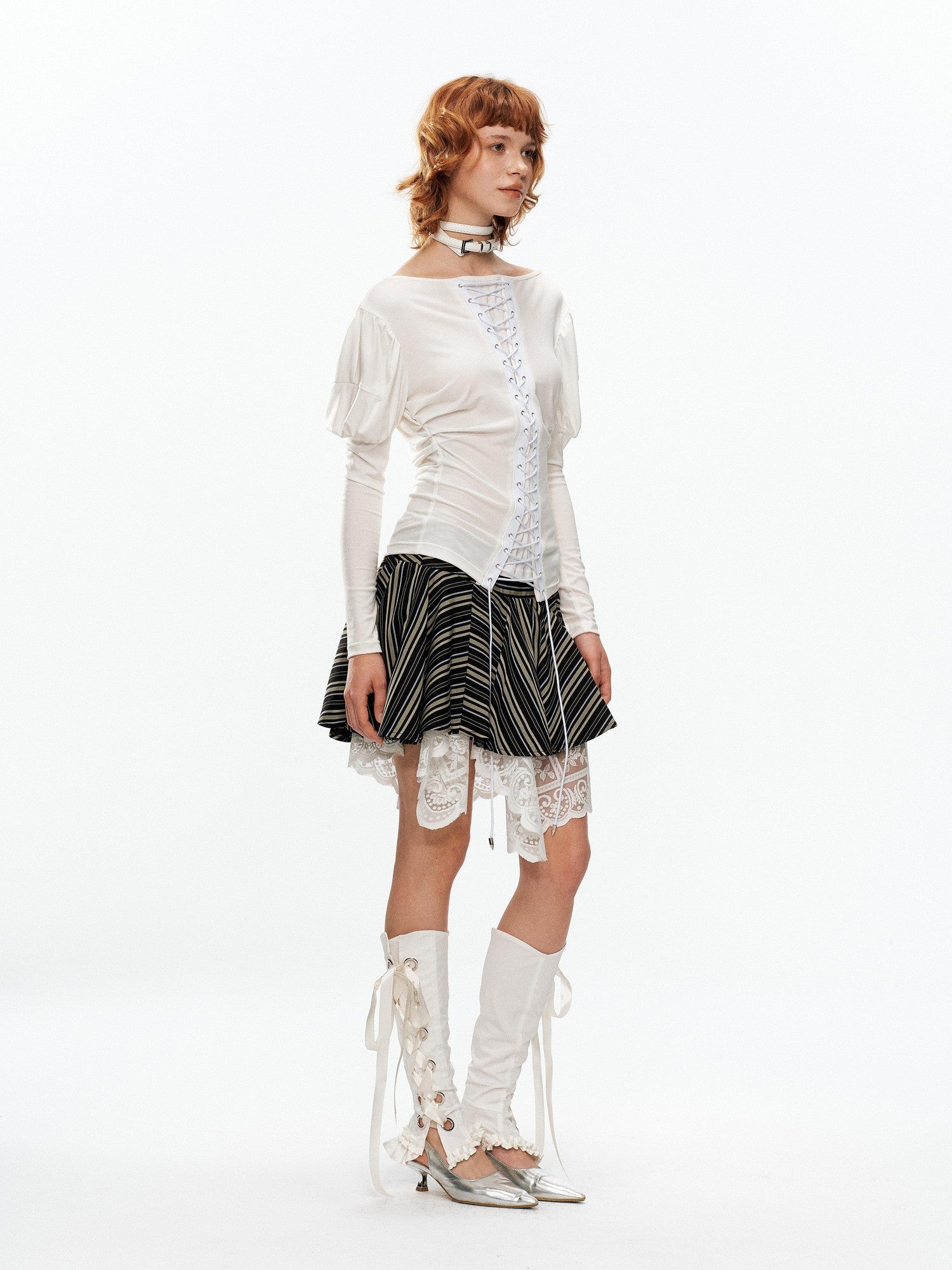 YOSHUYUKI Vintage Court Lace Up Bardot Women&